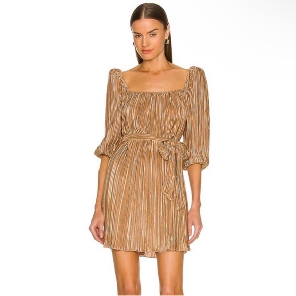 Revolve LPA Pleated Plisse Belted Mini Dress Satin Bronze Brown Size Small - Picture 1 of 9